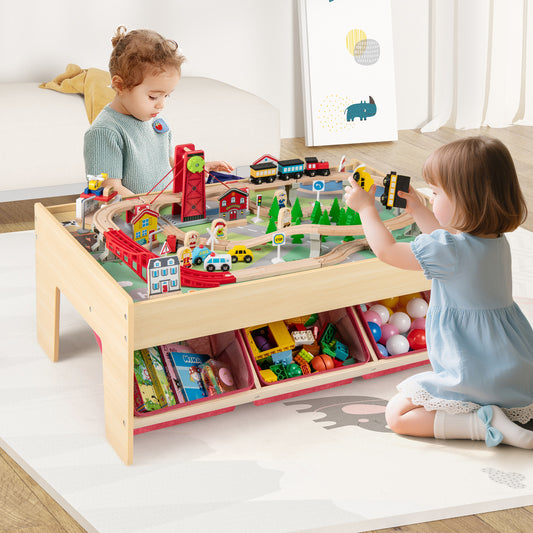 Wooden Train Set Table Kids Multipurpose Activity Play Table with 2 Reversible Tabletops, Red