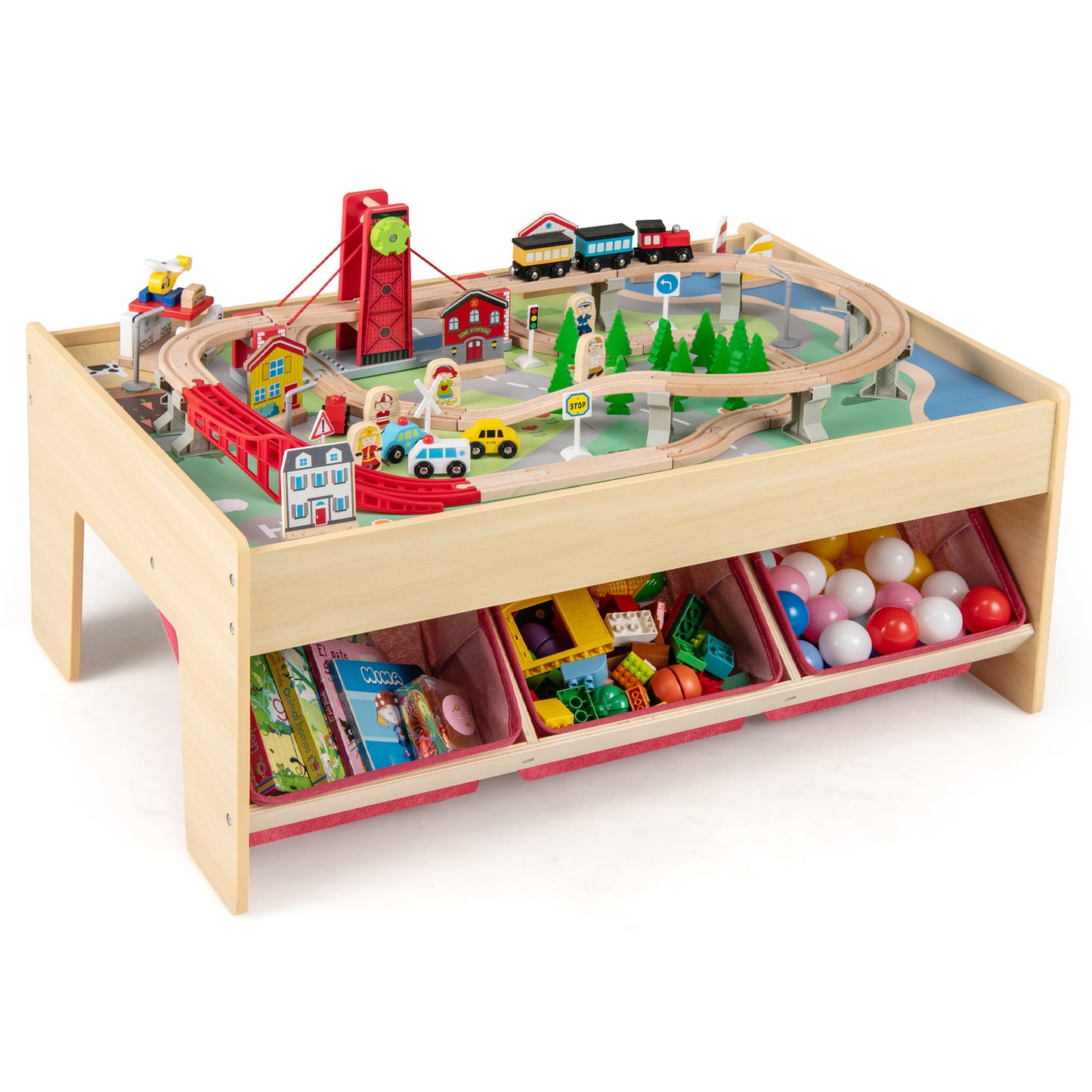 Wooden Train Set Table Kids Multipurpose Activity Play Table with 2 Reversible Tabletops, Red