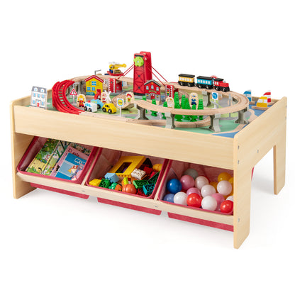 Wooden Train Set Table Kids Multipurpose Activity Play Table with 2 Reversible Tabletops, Red
