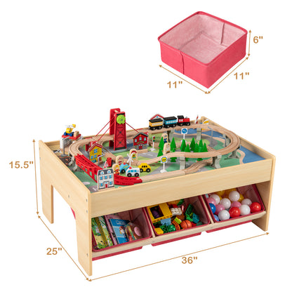 Wooden Train Set Table Kids Multipurpose Activity Play Table with 2 Reversible Tabletops, Red