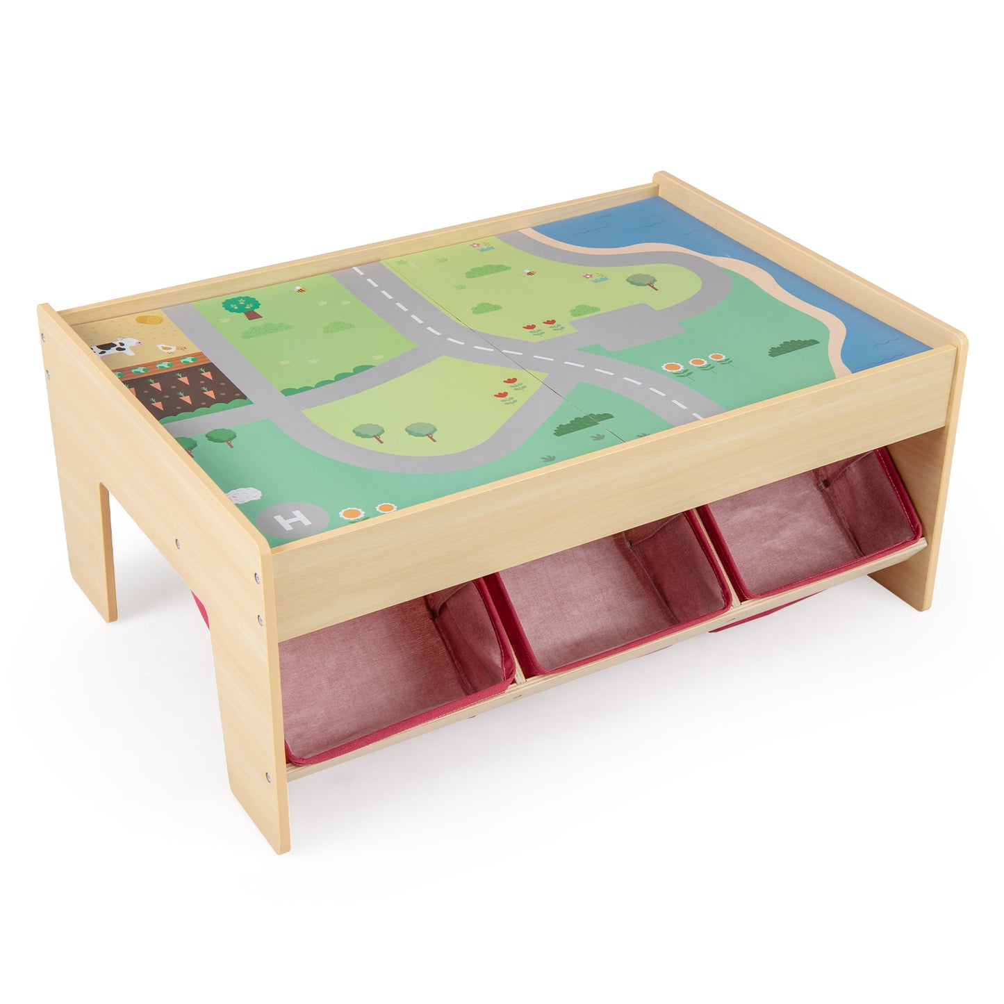 Wooden Train Set Table Kids Multipurpose Activity Play Table with 2 Reversible Tabletops, Red
