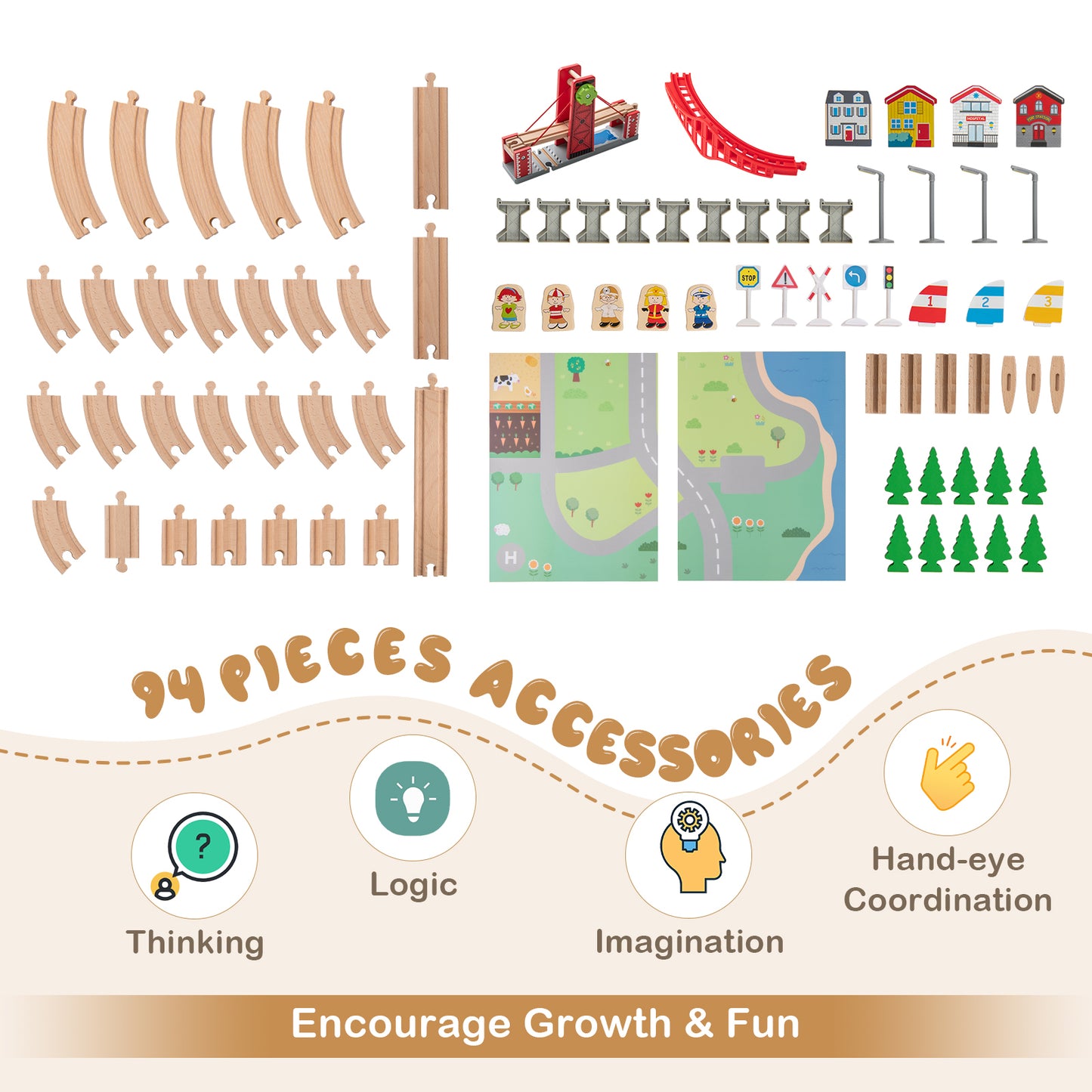 Wooden Train Set Table Kids Multipurpose Activity Play Table with 2 Reversible Tabletops, Red