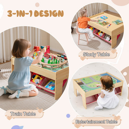 Wooden Train Set Table Kids Multipurpose Activity Play Table with 2 Reversible Tabletops, Red
