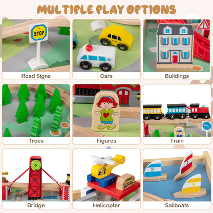 Wooden Train Set Table Kids Multipurpose Activity Play Table with 2 Reversible Tabletops, Red