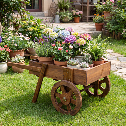 Wooden Wagon Planter with Wheels, Indoor Outdoor, Brown Raised Garden Beds at Gallery Canada