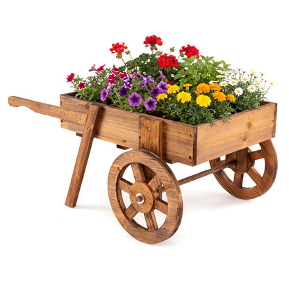 Wooden Wagon Planter with Wheels, Indoor Outdoor, Brown Raised Garden Beds Brown at Gallery Canada