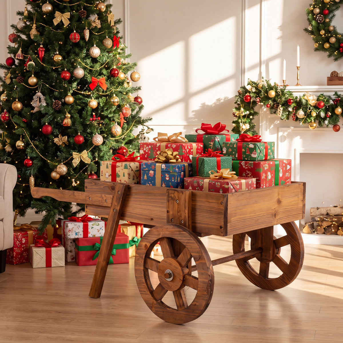 Wooden Wagon Planter with Wheels, Indoor Outdoor, Brown Raised Garden Beds at Gallery Canada