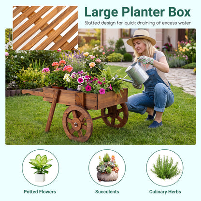 Wooden Wagon Planter with Wheels, Indoor Outdoor, Brown Raised Garden Beds at Gallery Canada