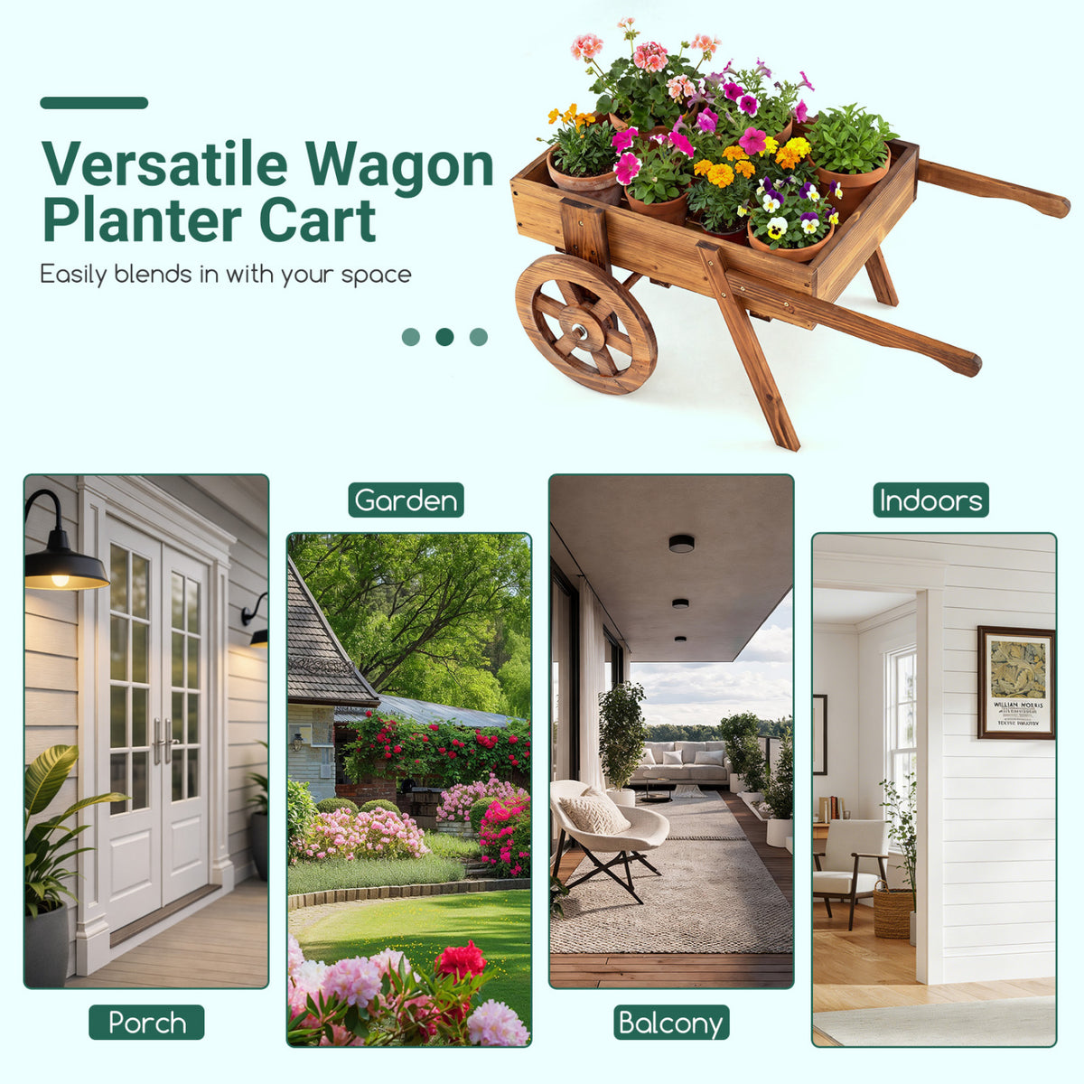 Wooden Wagon Planter with Wheels, Indoor Outdoor, Brown Raised Garden Beds at Gallery Canada