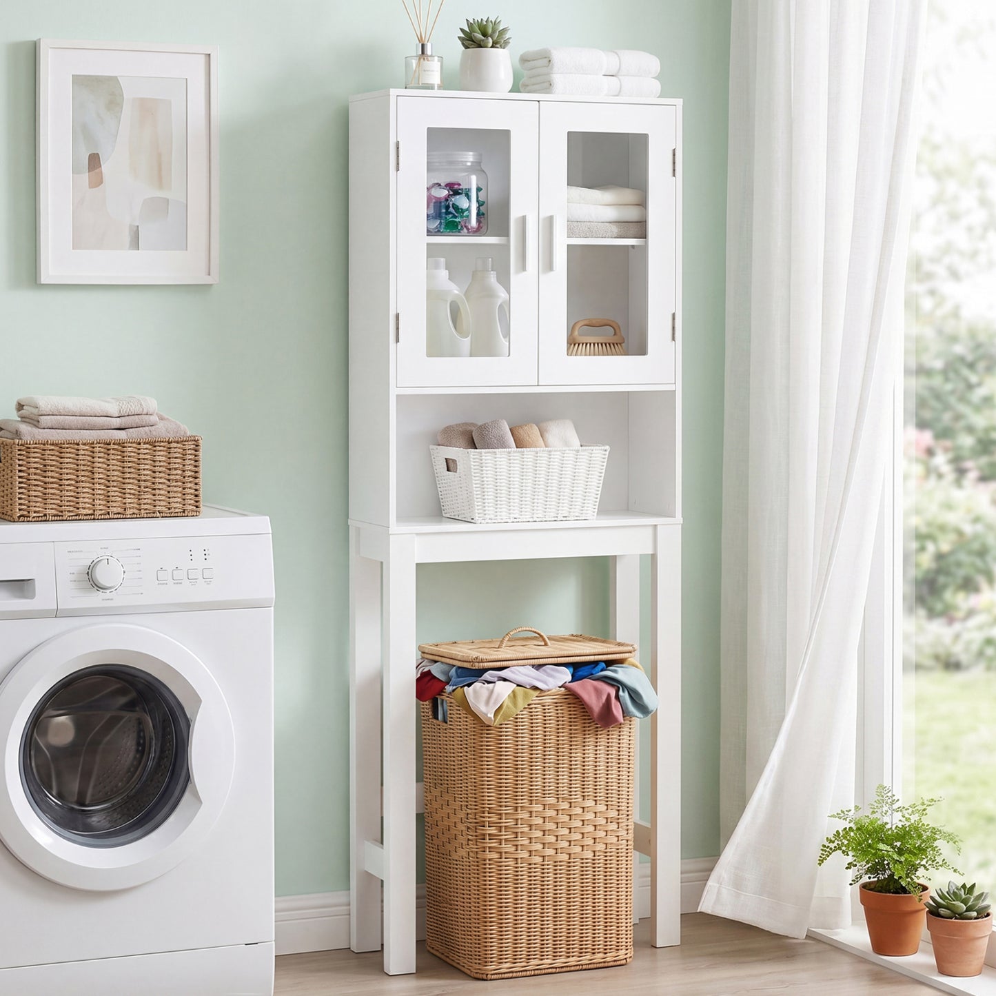 Wooden over the toilet Storage Cabinet with Tower Rack, White Bathroom Etagere at Gallery Canada