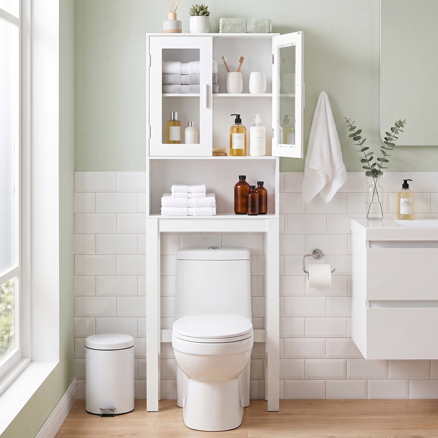 Wooden over the toilet Storage Cabinet with Tower Rack, White Bathroom Etagere at Gallery Canada
