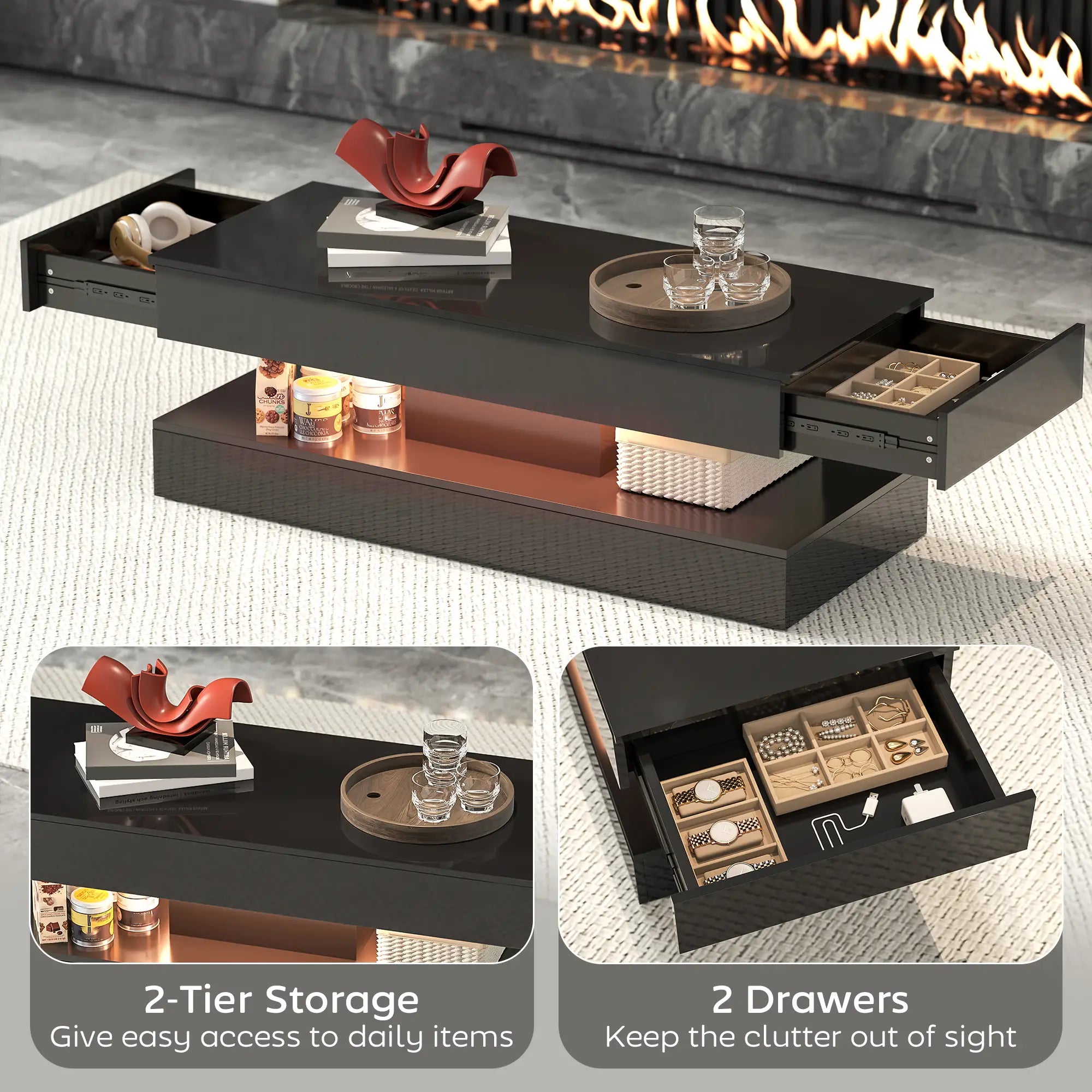 Adjustable LED Coffee Table, Modern Living Room Table, 2 Drawers, Open Shelf, Remote, High Gloss Black Coffee Tables at Gallery Canada