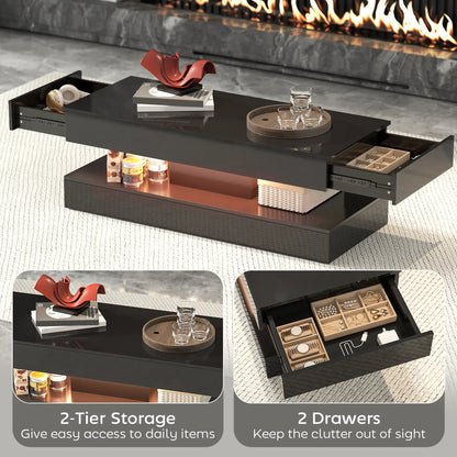 Adjustable LED Coffee Table, Modern Living Room Table, 2 Drawers, Open Shelf, Remote, High Gloss Black Coffee Tables at Gallery Canada