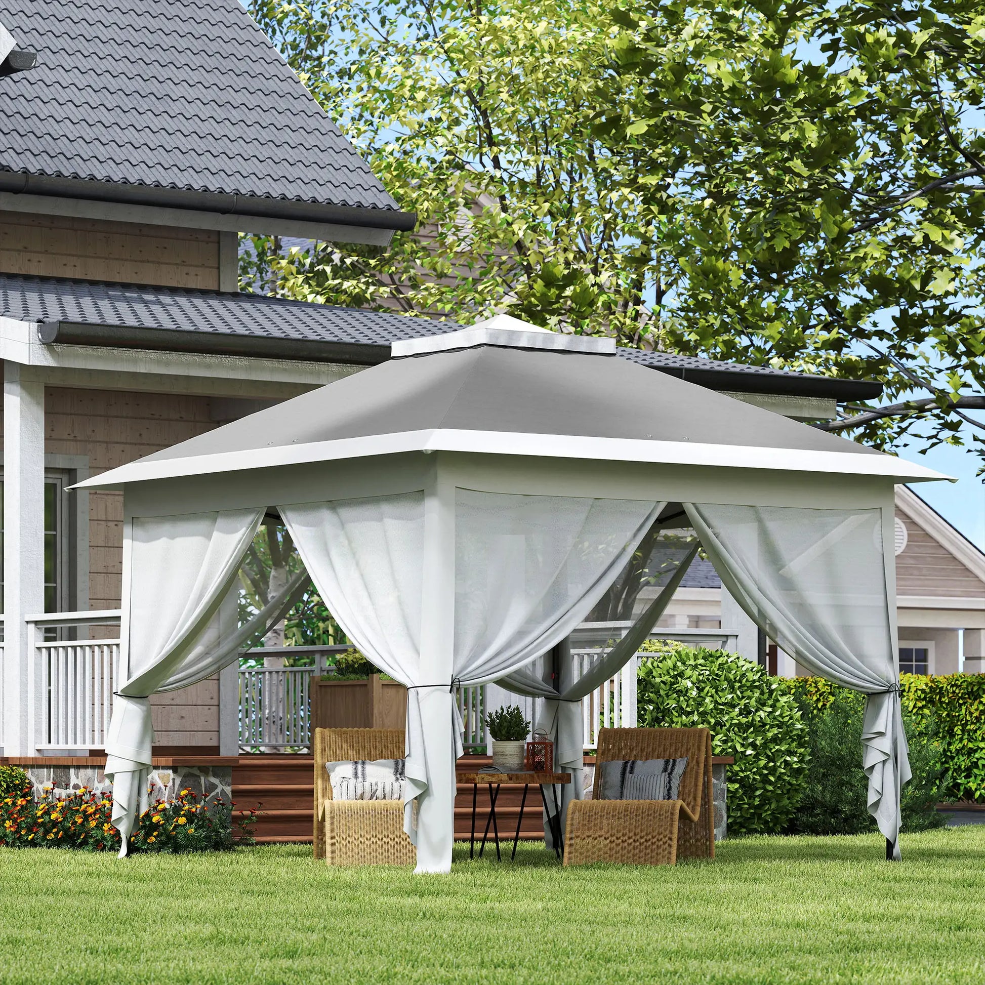 11' x 11' Pop Up Gazebo, Double Roof, Adjustable Canopy Tent, Dark Grey Pop Up Canopies at Gallery Canada