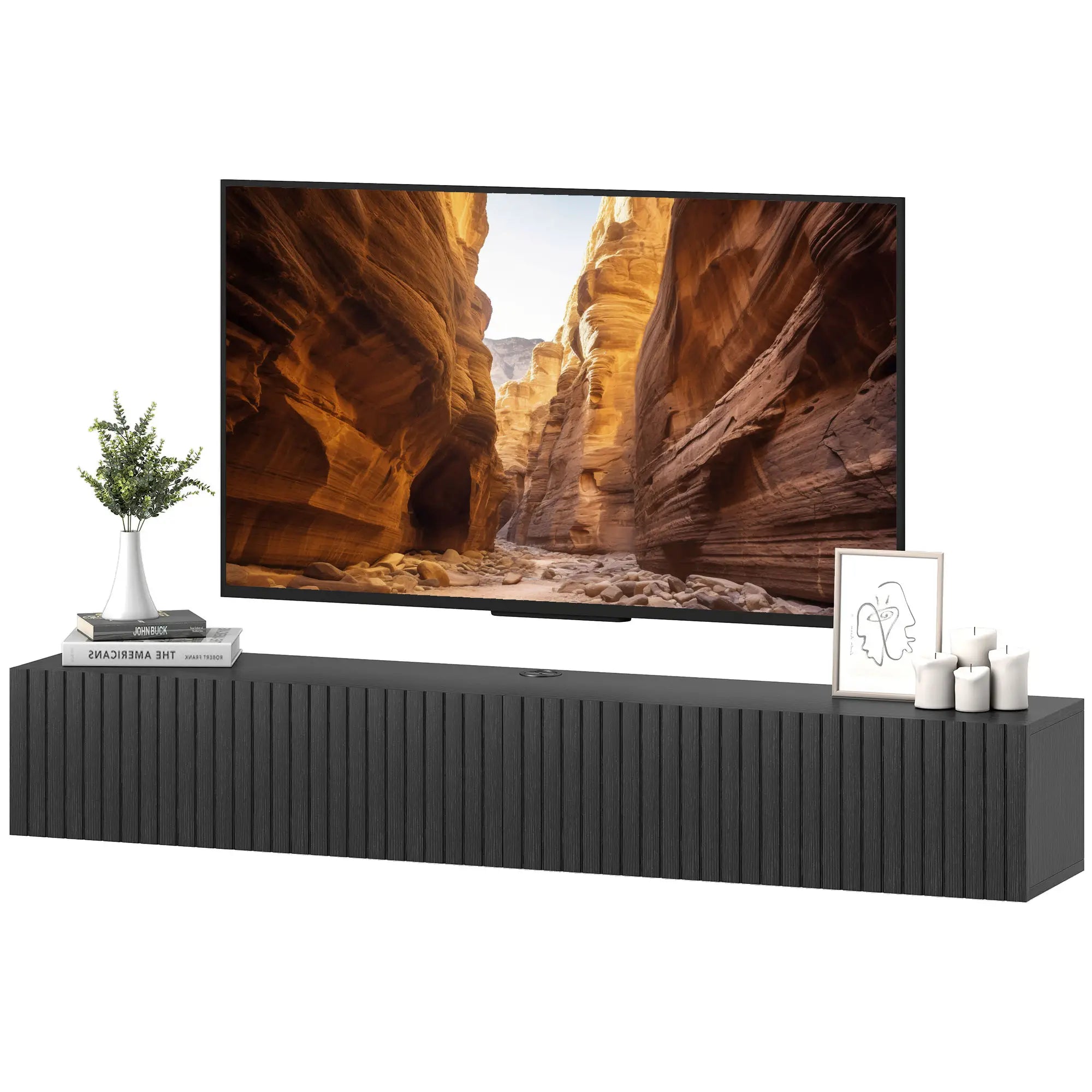 55 Inch Floating TV Stand, Wall Mount Media Console, 2 Fluted Doors, Black TV Stands Black at Gallery Canada
