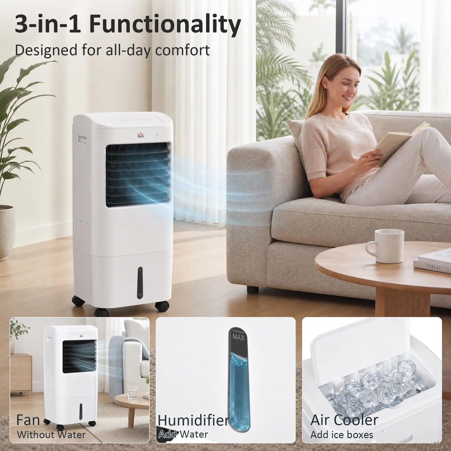 Tower Cooling Fan with Ice Pack, Remote, 3 Modes, 3 Speeds, 7.5H Timer, White Tower Fans at Gallery Canada