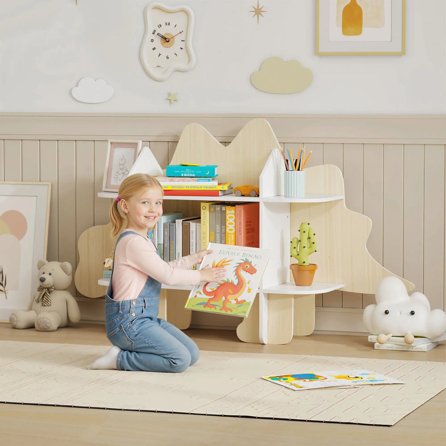 Dinosaur Kids Bookshelf, 2 Tier Bookcase, Natural Bookshelves & Bookcases at Gallery Canada