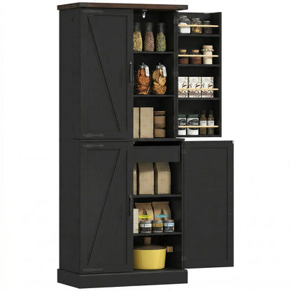 72" Tall Kitchen Pantry Cabinet, Farmhouse Storage Cabinet with 8 Door Racks and Adjustable Shelves, Black Kitchen Pantry Cabinets Black, Oak at Gallery Canada