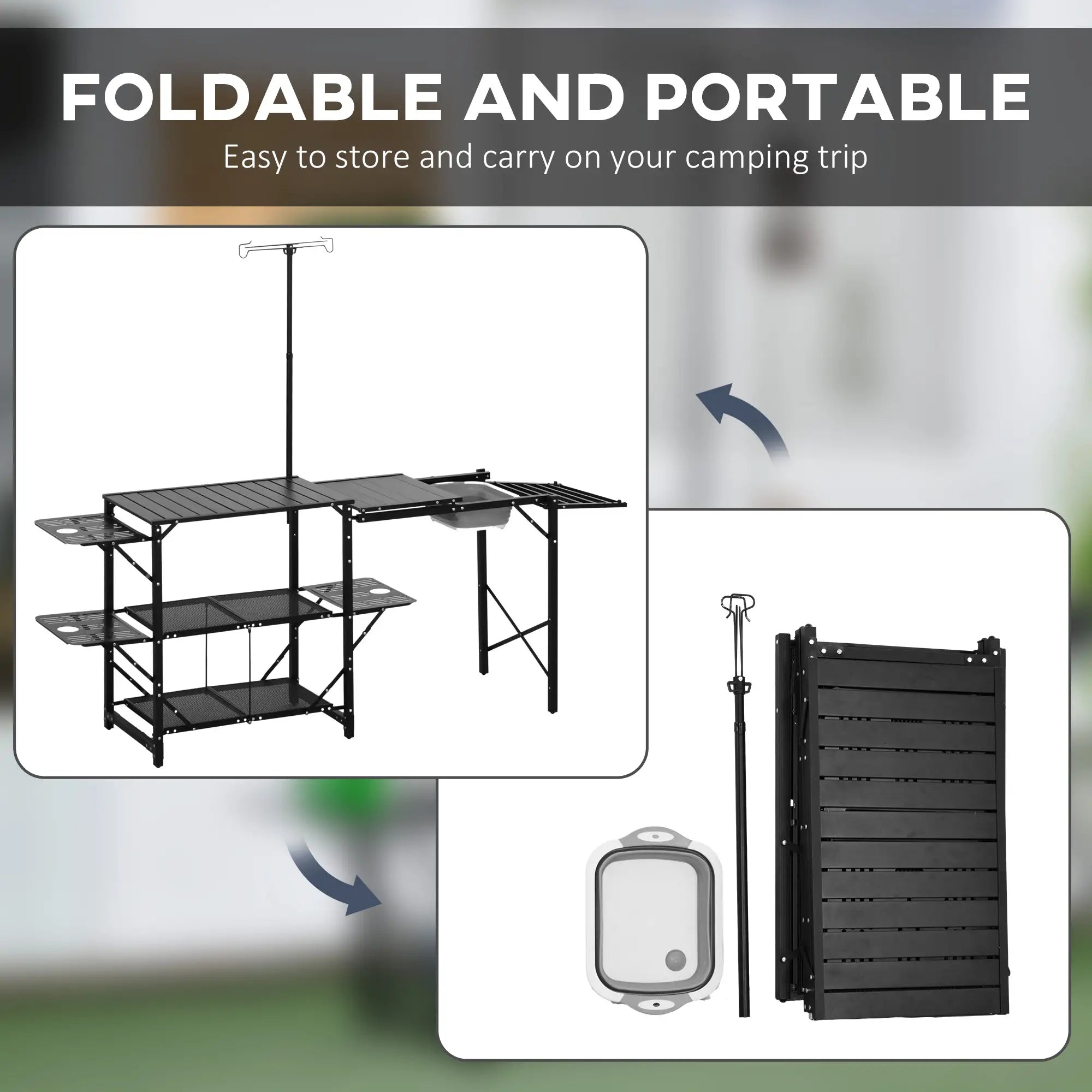 Folding Camping Kitchen, Portable Aluminum Cook Station, 3 Side Tables, 2 Shelves, Black Picnic Tables & Camping Chairs at Gallery Canada