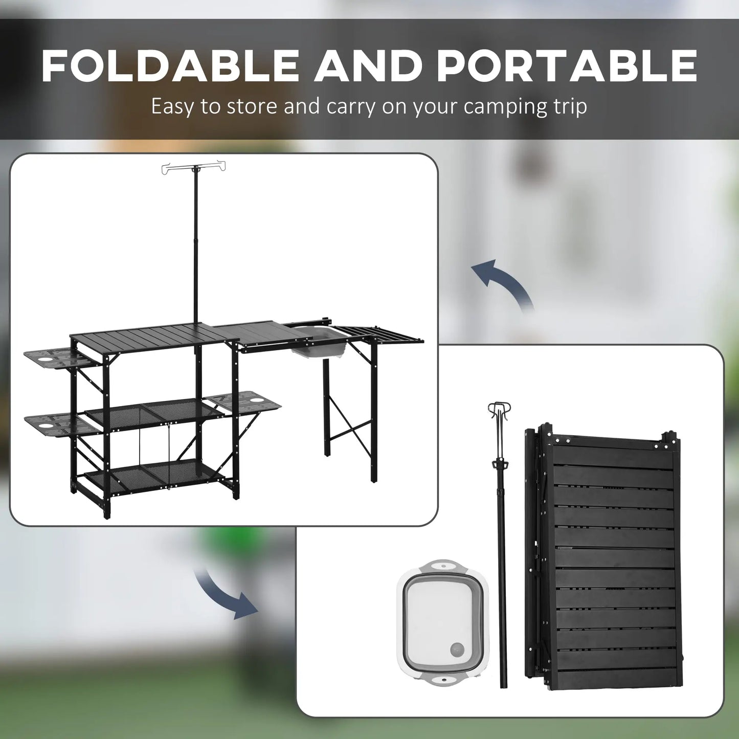 Folding Camping Kitchen, Portable Aluminum Cook Station, 3 Side Tables, 2 Shelves, Black Picnic Tables & Camping Chairs at Gallery Canada