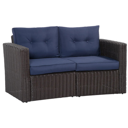 2 Pcs Patio Furniture Set, Wicker Corner Sofa, PE Rattan, Dark Blue Patio Furniture Sets Dark Coffee Rattan, Dark Blue Cushion at Gallery Canada