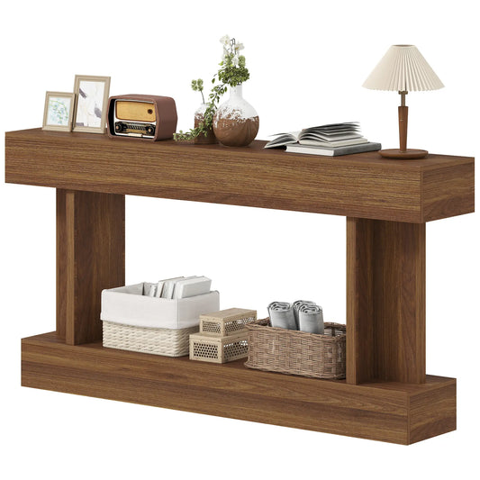 63 Inch Console Table, Vintage Narrow Entryway with Storage Shelf, Dark Brown
