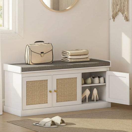 Shoe Storage Bench, Woven Rattan Doors, Adjustable Shelves, White Shoe Storage Cabinets & Racks White, Grey at Gallery Canada