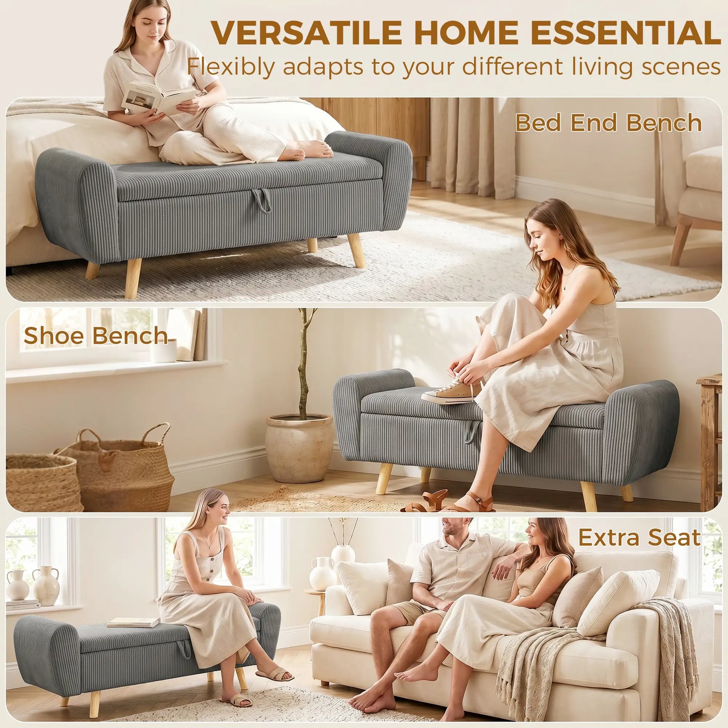 59" Corduroy Storage Ottoman Bench, Dark Grey