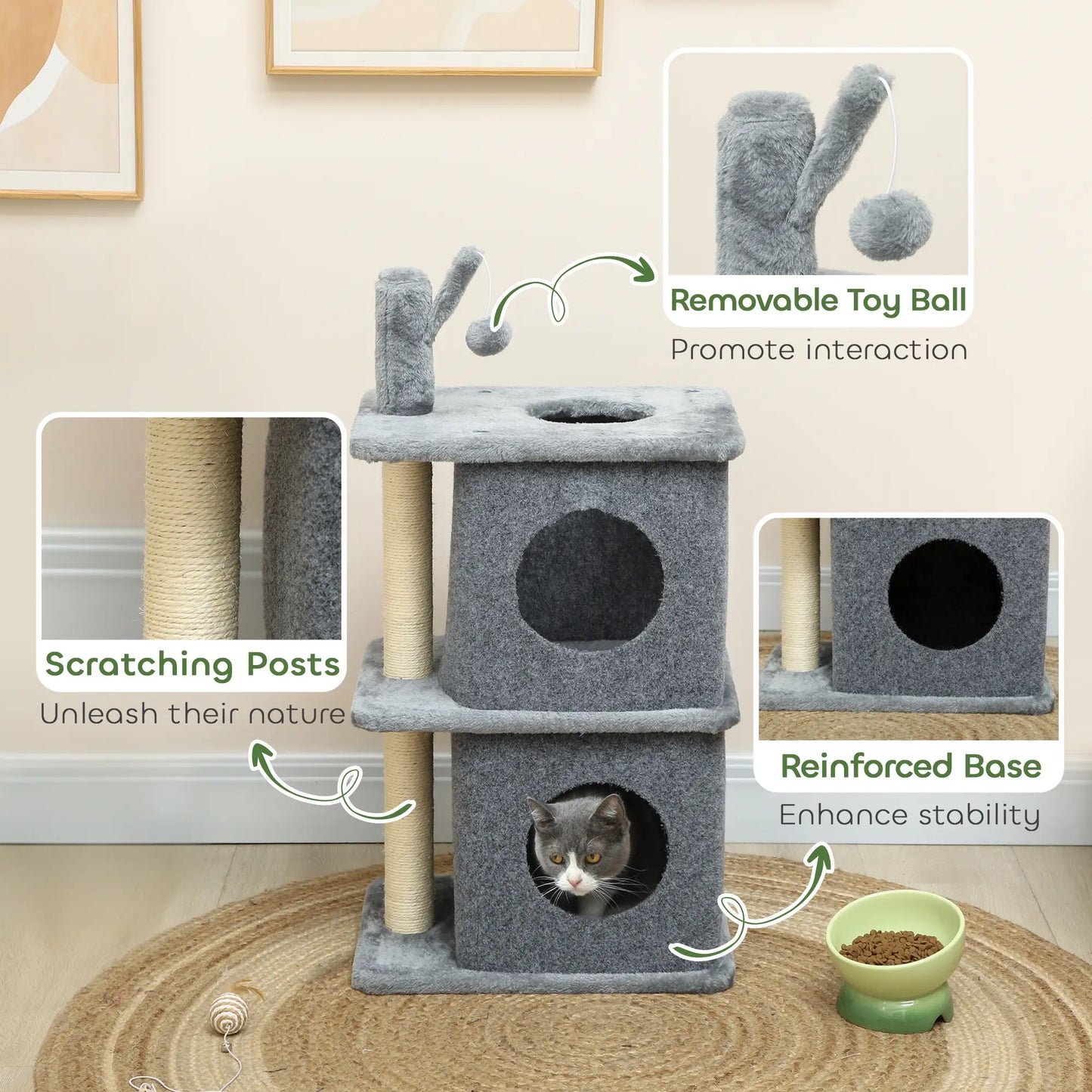 31.5" Cat Tree, Multi-Level Tower with 2 Condos, Soft Plush Perches, Grey Cat Trees at Gallery Canada