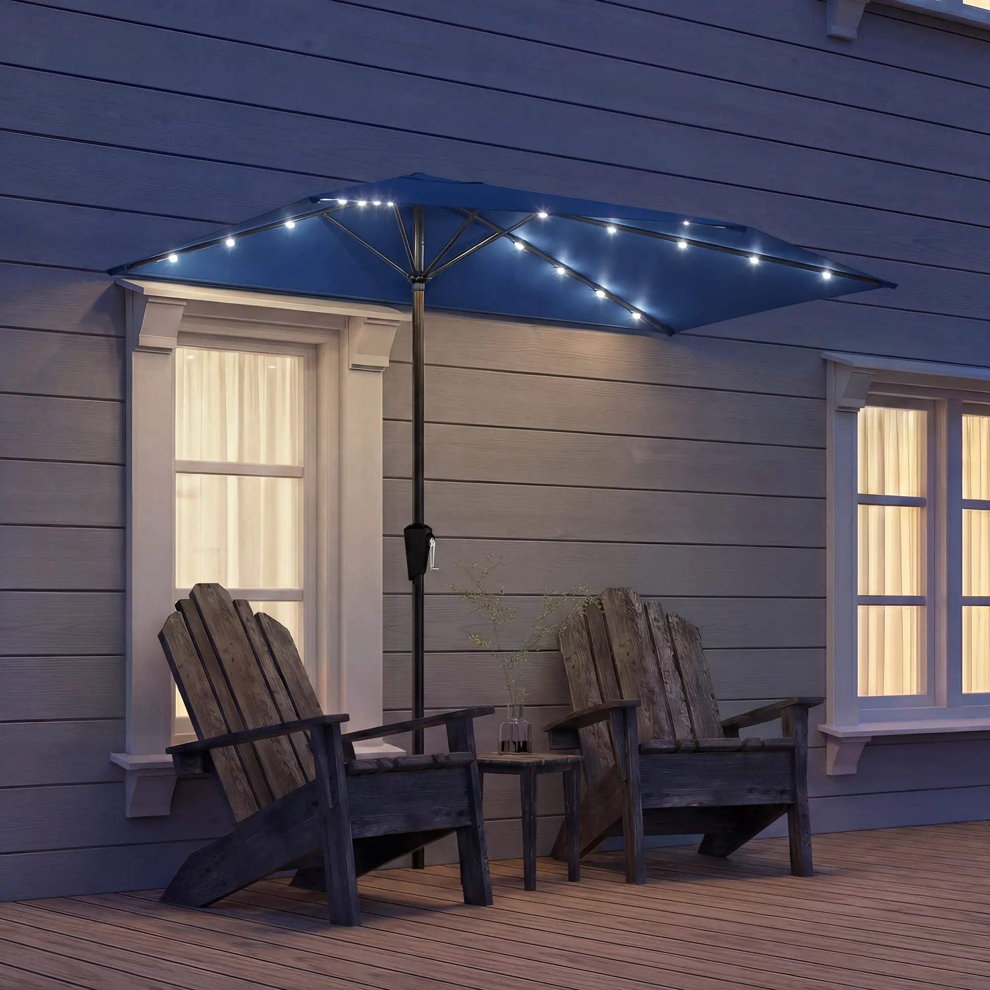 Half Patio Umbrella With Solar LED Lights, Crank, 105.1