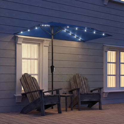 Half Patio Umbrella With Solar LED Lights, Crank, 105.1" x 53.5", Navy Blue Half Round Umbrellas at Gallery Canada