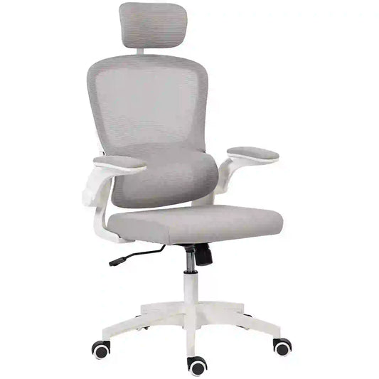 Ergonomic Mesh Office Chair, High Back, Rotatable Headrest, Flip-Up Armrests, Lumbar Support, Grey Task Chairs Grey, White at Gallery Canada