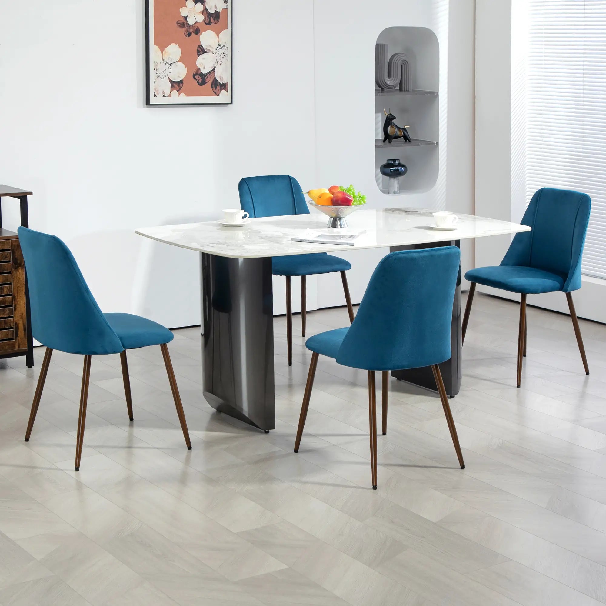 Velvet Dining Chairs Set of 4, Wood-Grain Steel Leg, Dark Blue Dining Chairs at Gallery Canada