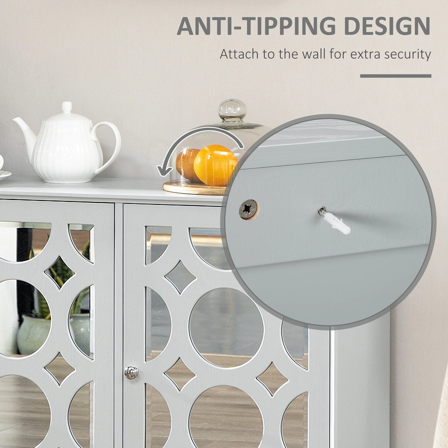 Sideboard Kitchen Buffet, 3 Mirrored Doors, 2 Cabinets, Adjustable Shelf, Gray Bar Cabinets at Gallery Canada