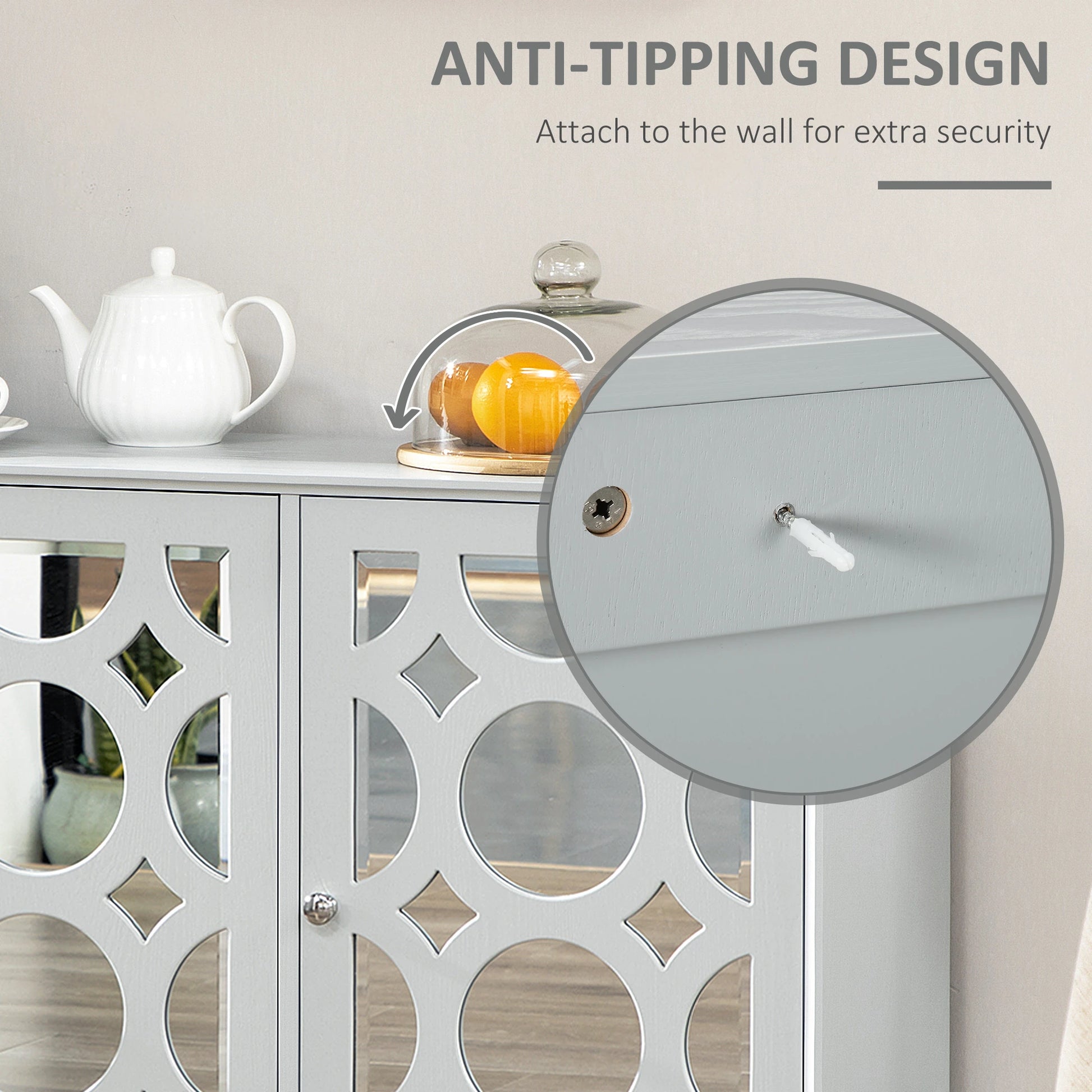 Sideboard Kitchen Buffet, 3 Mirrored Doors, 2 Cabinets, Adjustable Shelf, Gray Bar Cabinets at Gallery Canada