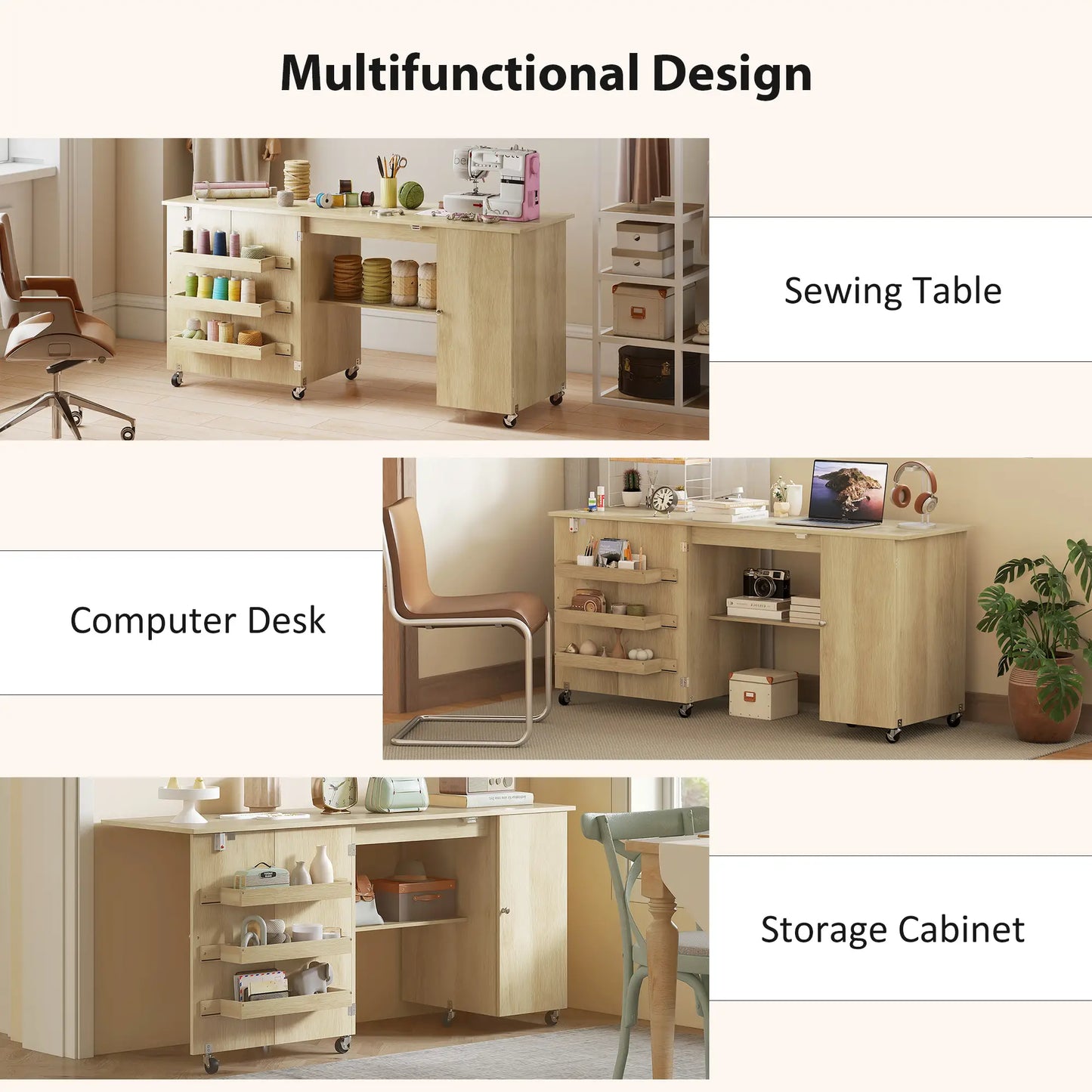 Sewing Machine Table, Drop Leaf, 2 Doors, Adjustable Shelf, Natural Sewing Cabinets at Gallery Canada