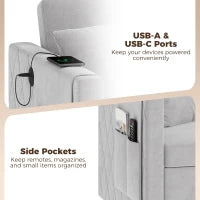 52" Grey Velvet Sofa Bed, Pull Out Sleeper with USB Ports, Grey