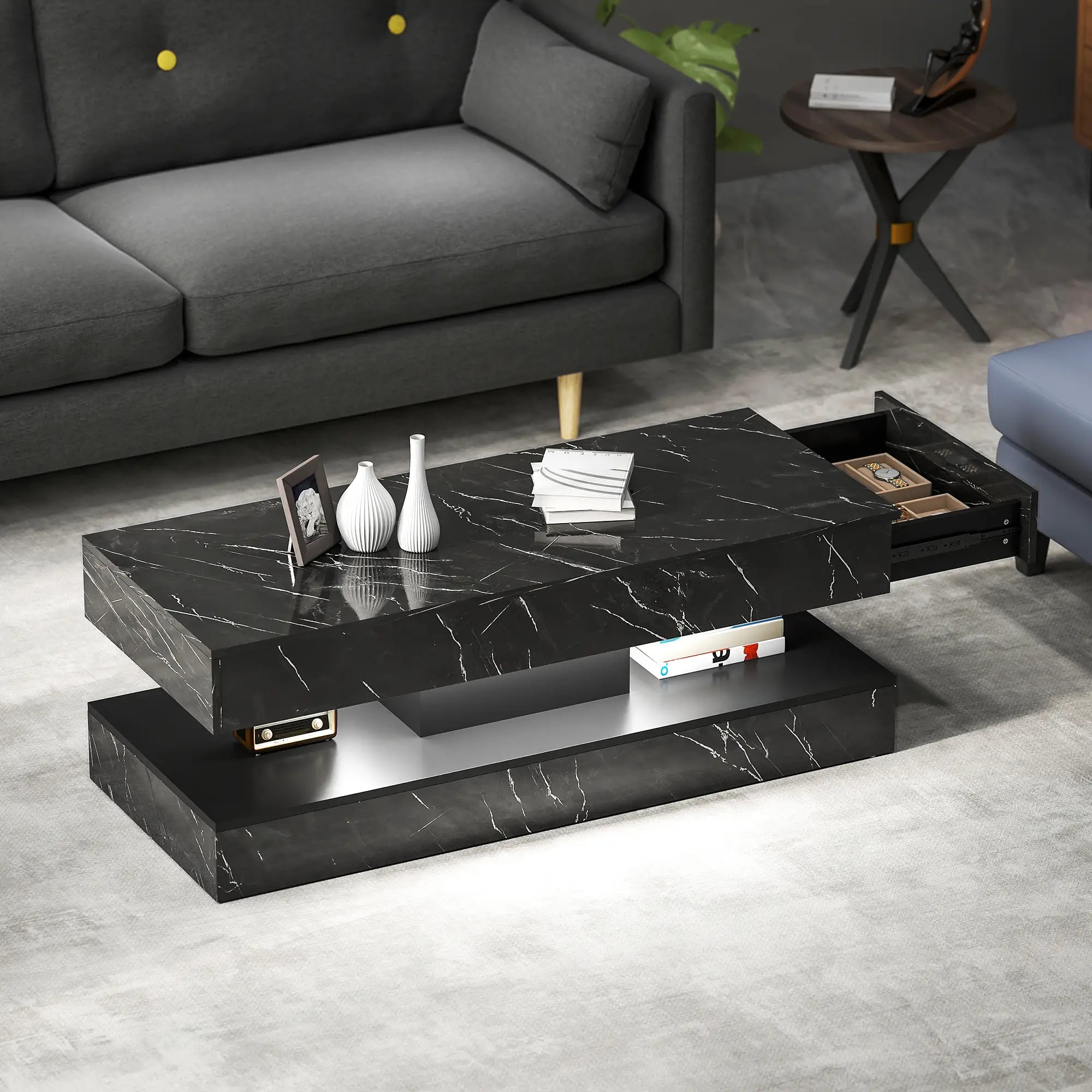 Adjustable LED Coffee Table, 2 Drawers, Open Shelf, Remote, High Gloss Black Coffee Tables at Gallery Canada