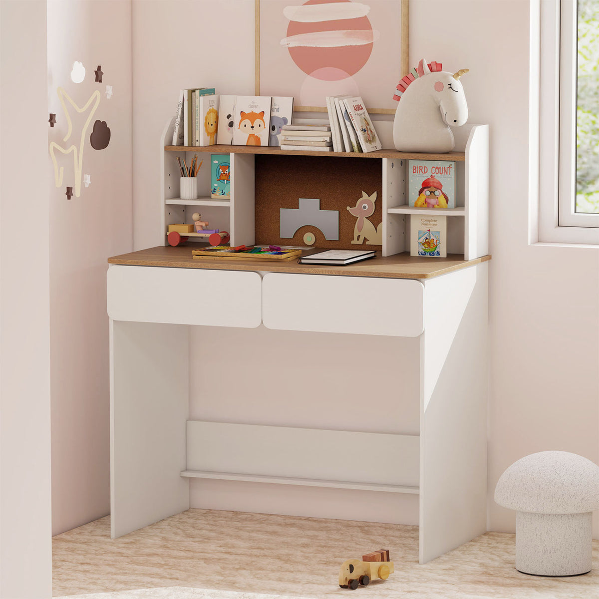 Writing Table with Cork Board and Charging Station, White