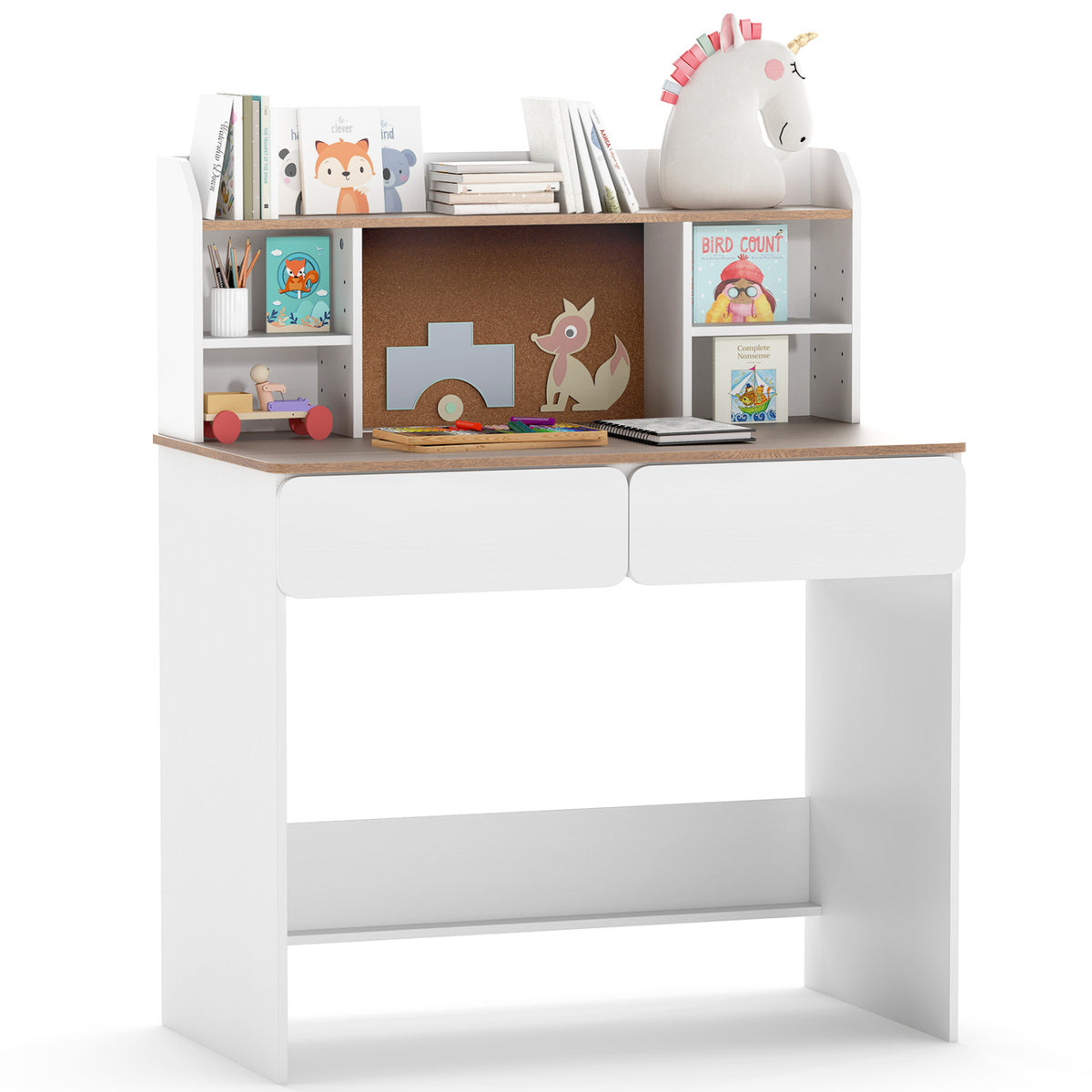 Writing Table with Cork Board and Charging Station, White