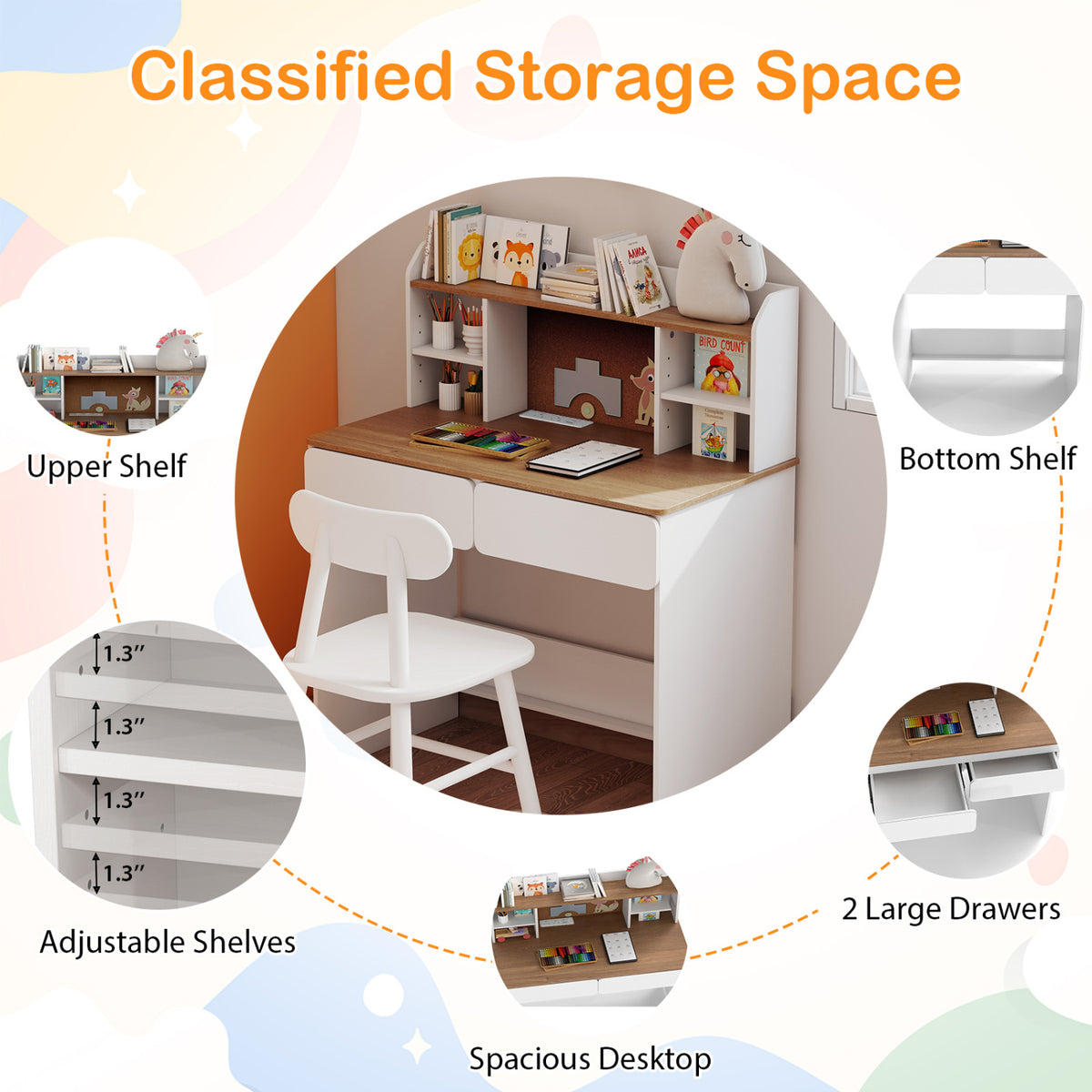 Writing Table with Cork Board and Charging Station, White