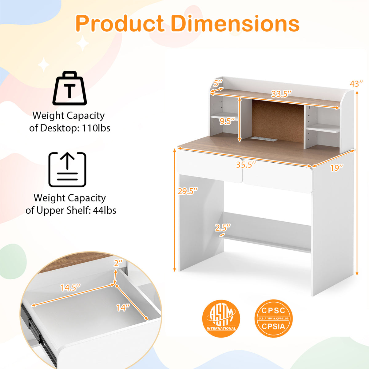Writing Table with Cork Board and Charging Station, White
