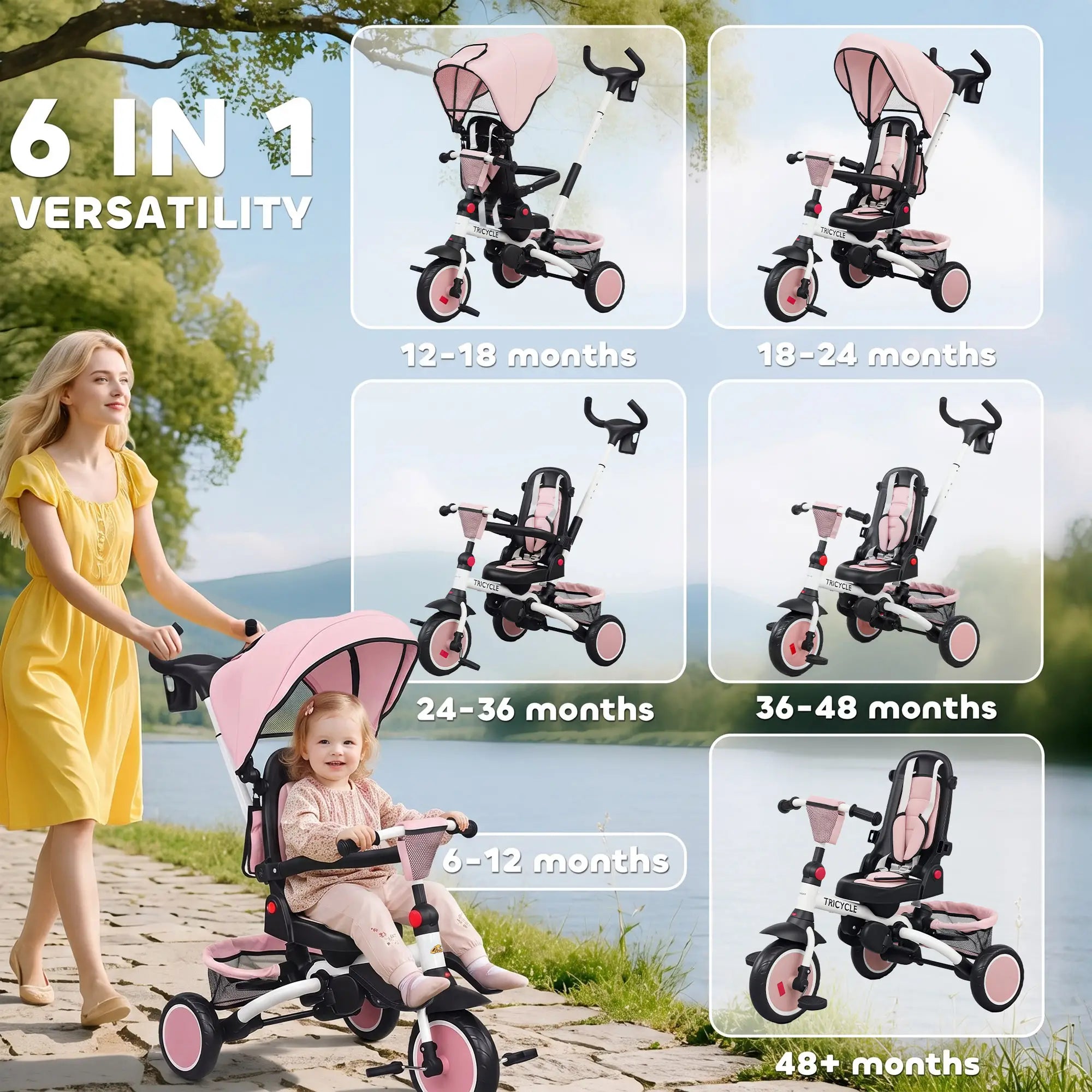 6 in 1 Toddler Tricycle, Push Handle, Removable Canopy, Rotatable Seat, Pink Tricycles for Kids at Gallery Canada