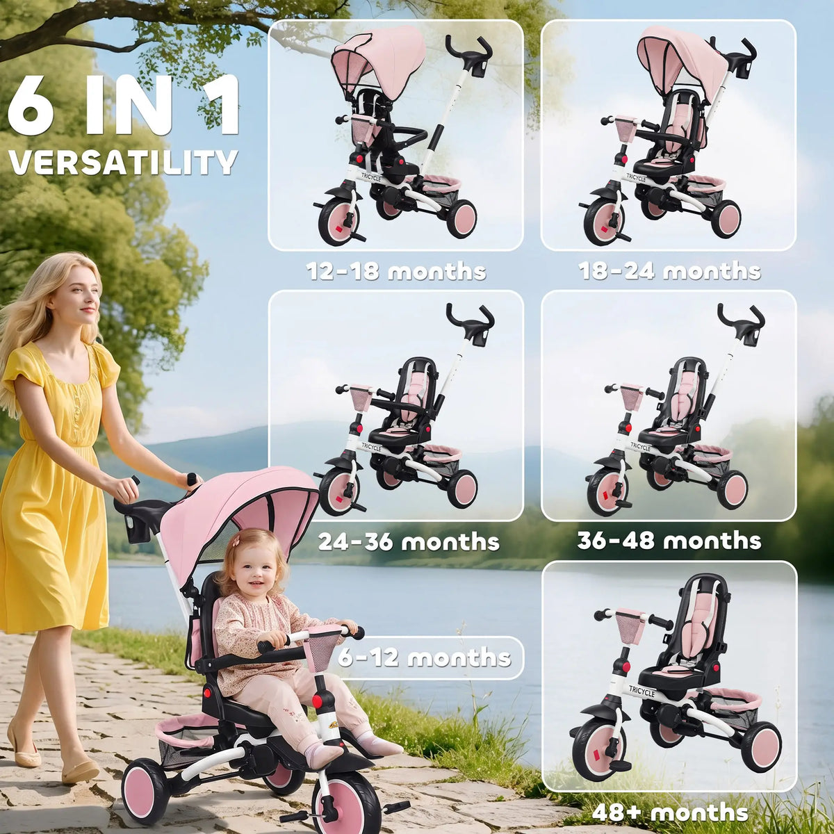 6 in 1 Toddler Tricycle, Push Handle, Removable Canopy, Rotatable Seat, Pink Tricycles for Kids at Gallery Canada
