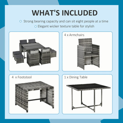 9-Piece Wicker Patio Dining Set, Removable Cushions, Glass Table, Grey Outdoor Dining Sets at Gallery Canada