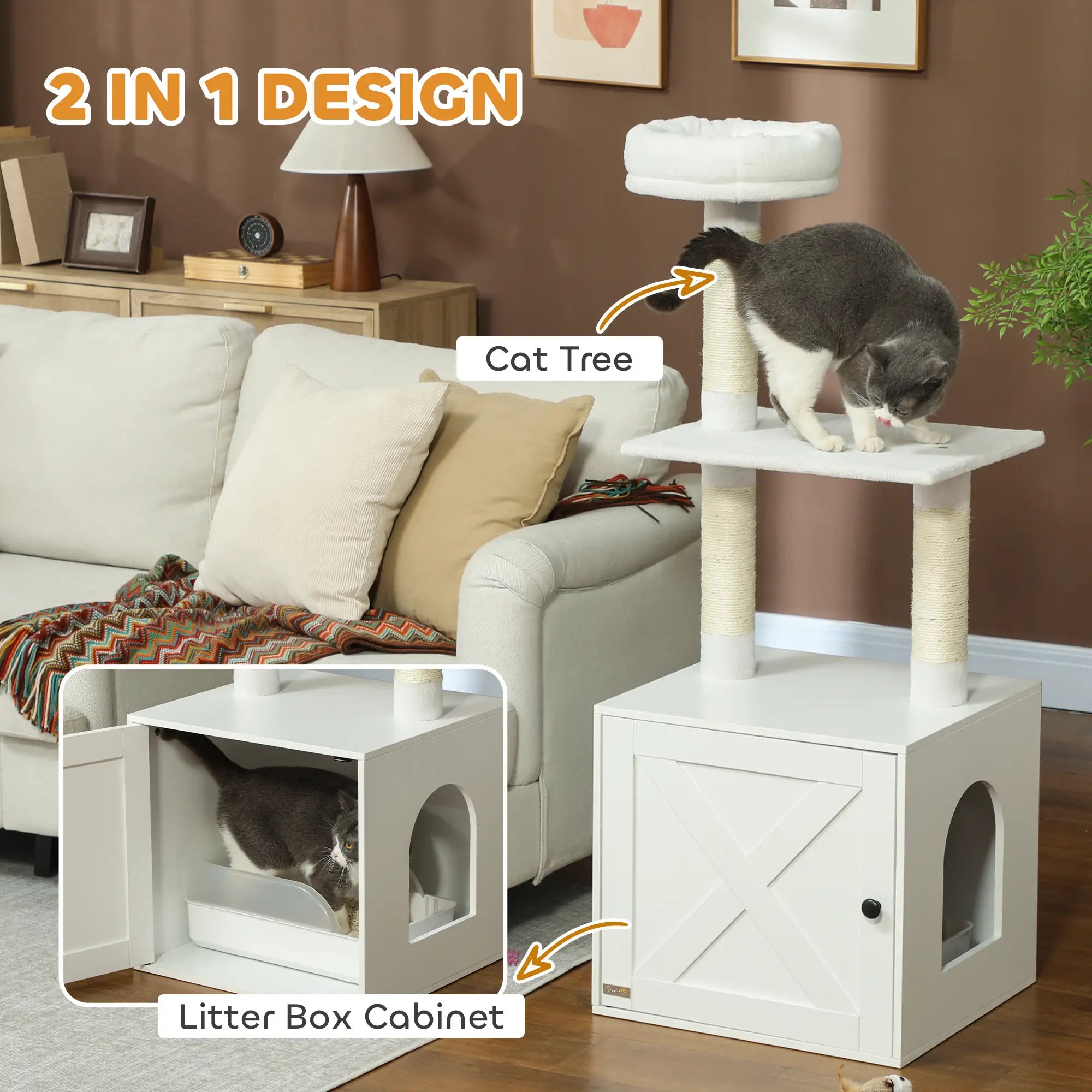 Cat Tree with Litter Box, Scratching Posts, Large Platform, Bed, White Cat Litter Box Enclosures at Gallery Canada
