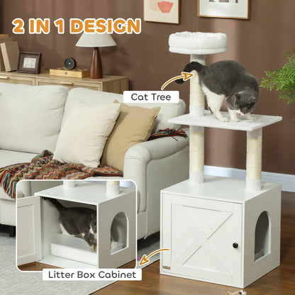 Cat Tree with Litter Box, Scratching Posts, Large Platform, Bed, White Cat Litter Box Enclosures at Gallery Canada