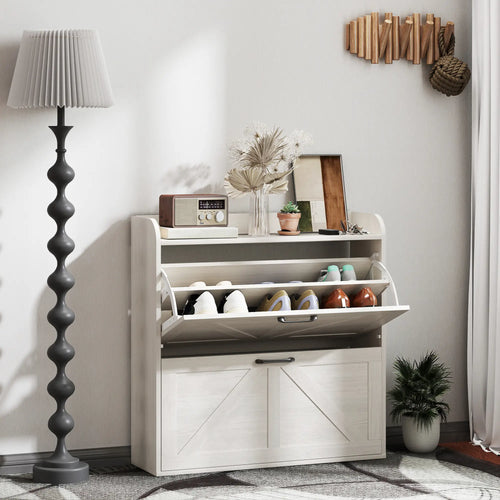 Narrow Shoe Storage Cabinet, 2 Flip Drawers, Adjustable Shelves, White Oak