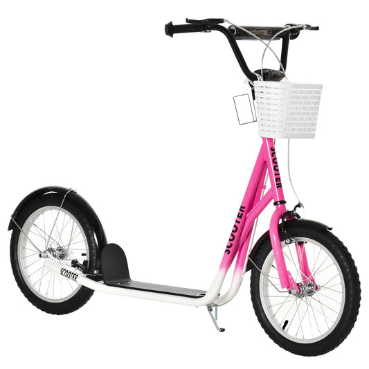 Kids Kick Scooter, Adjustable Handlebar, 2 Brakes, Basket, 16", Pink Scooters Pink, Black at Gallery Canada