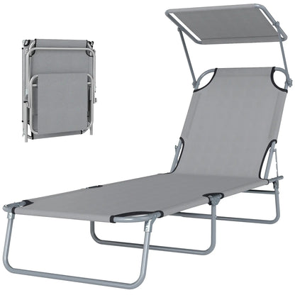 Outdoor Lounge Chair, Adjustable Folding Chaise, Sun Shade, Light Grey